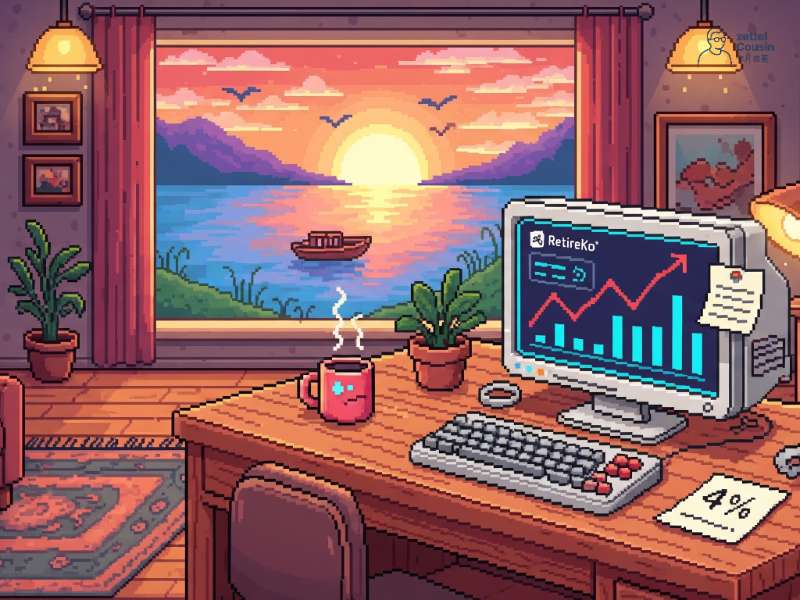 像素風夕陽海景，桌上電腦顯示 RetireKo 上升趨勢圖