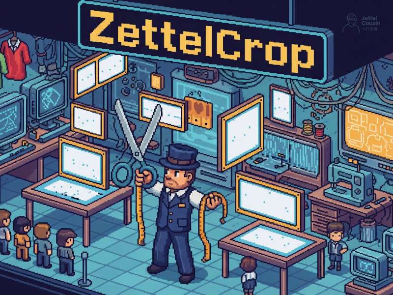 像素風格的裁縫師在數位螢幕間裁剪圖像，招牌寫著 ZettelCrop